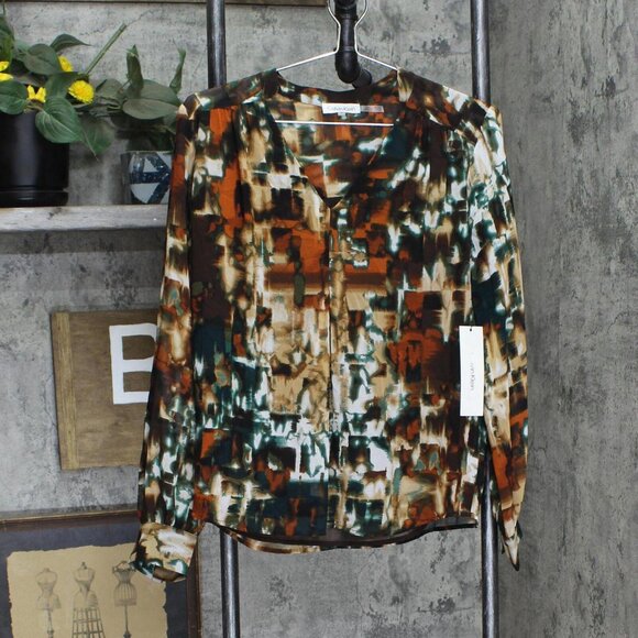 NWT Calvin Klein Women's Printed V-Neck Top M3HAZ619 S Coffee Bean Multi Brown - Picture 5 of 9